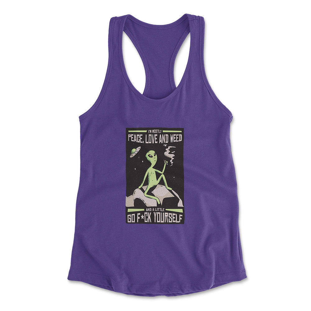 I Mostly Want Peace, Love And Weed Womens Racerback Tank in Purple Rush color