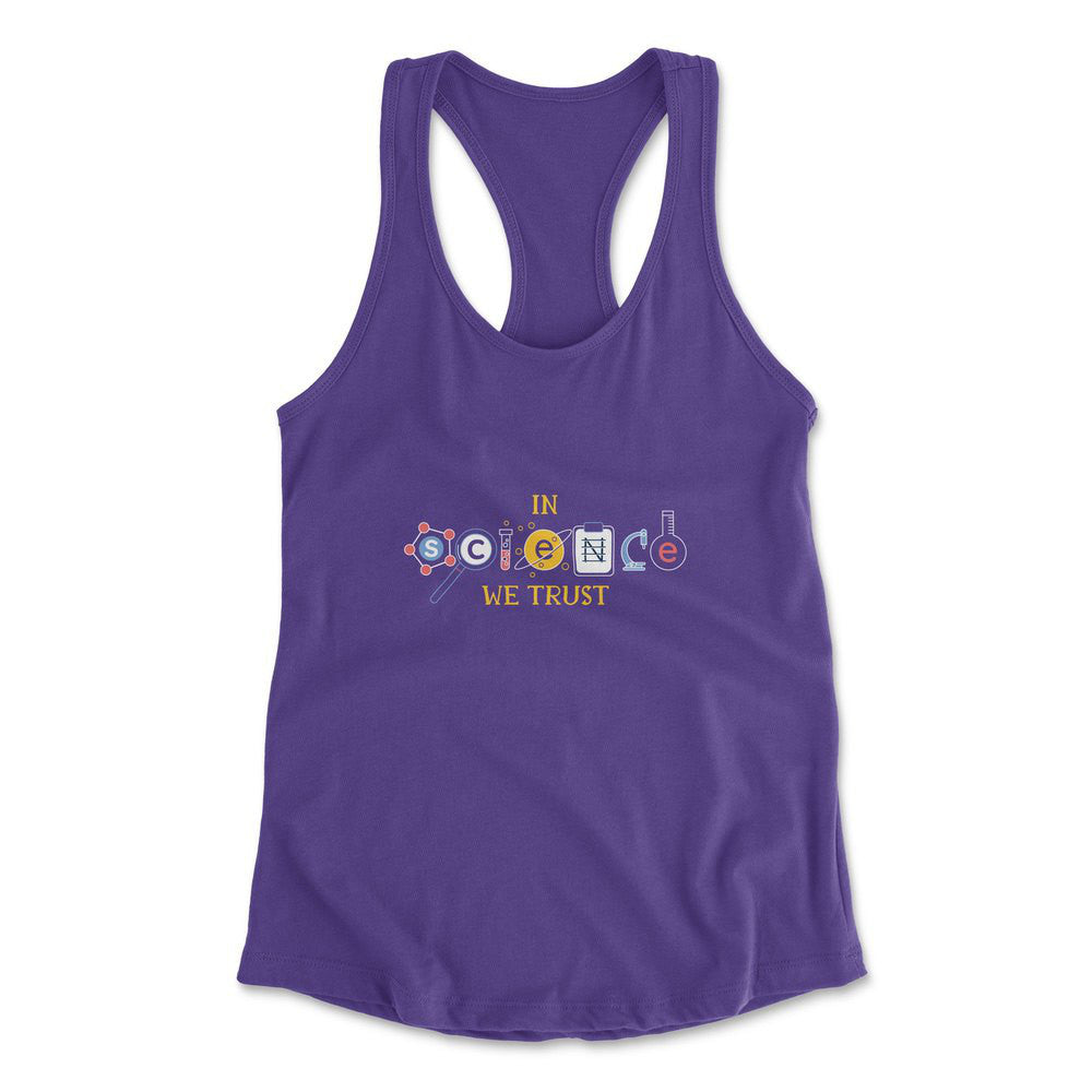 In Science We Trust Womens Racerback Tank in Purple Rush color