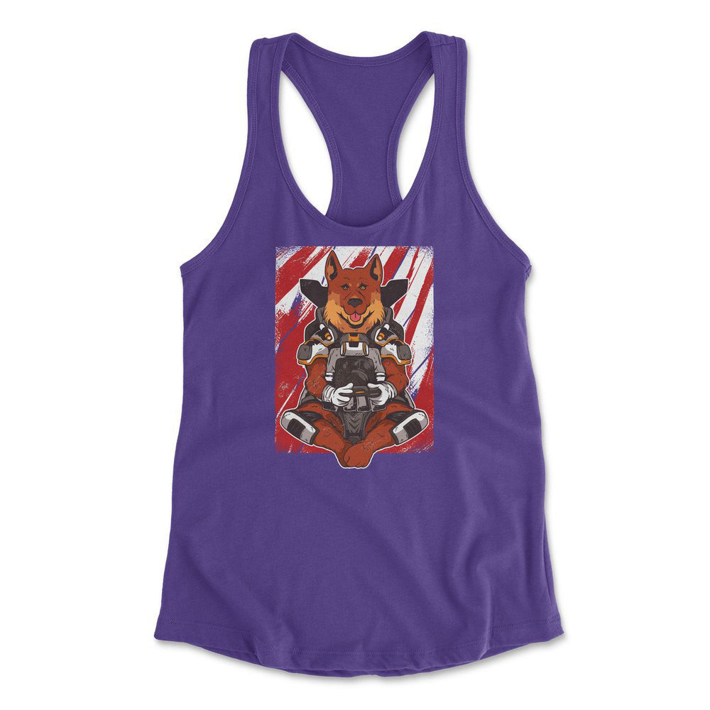 German Shepard Gamer Dog Womens Racerback Tank in Purple Rush color