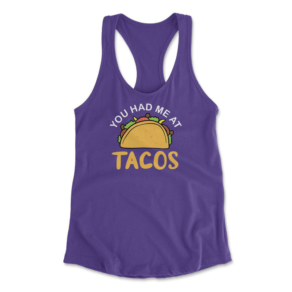 You Had Me At Tacos Womens Racerback Tank in Purple Rush color