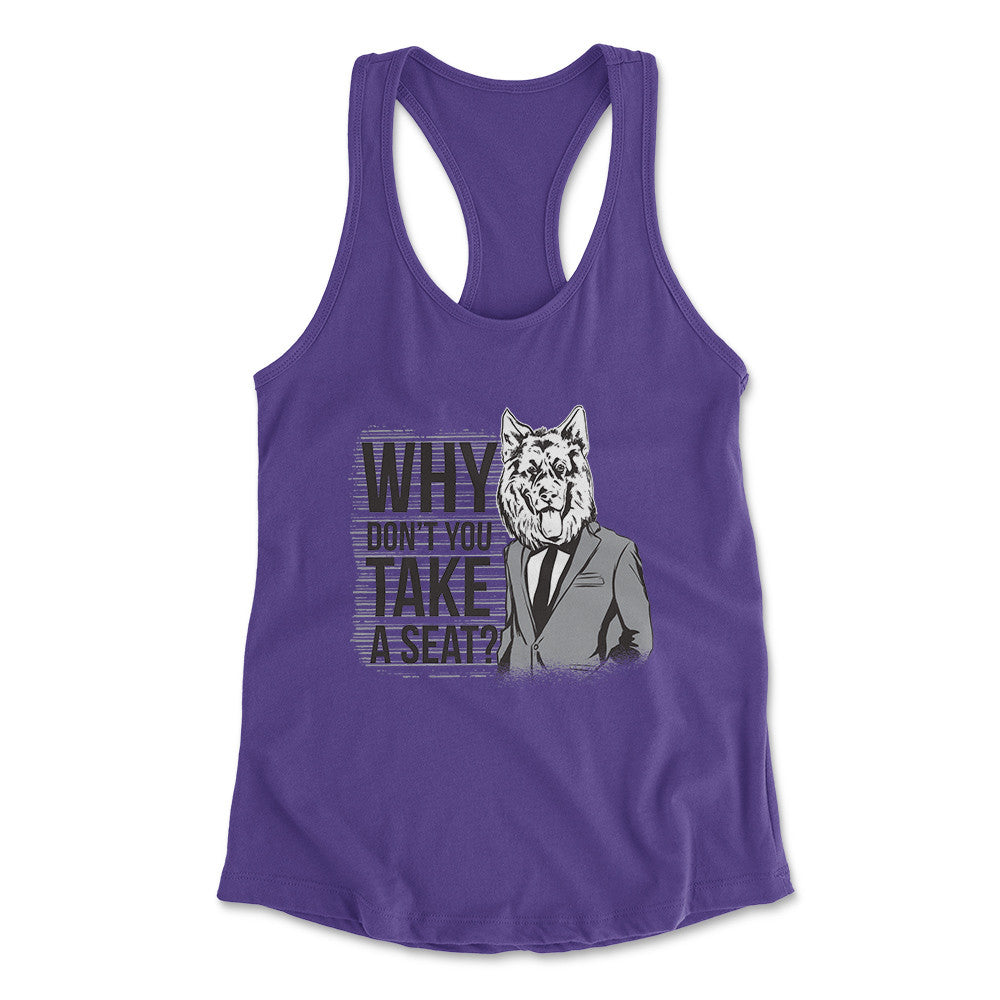 Why Dont You Take A Seat Womens Racerback Tank in Purple Rush color