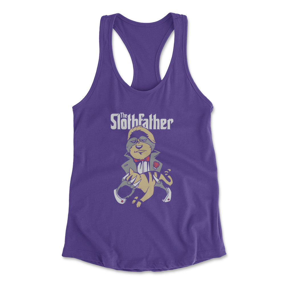 The Slothfather Womens Racerback Tank in Purple Rush color