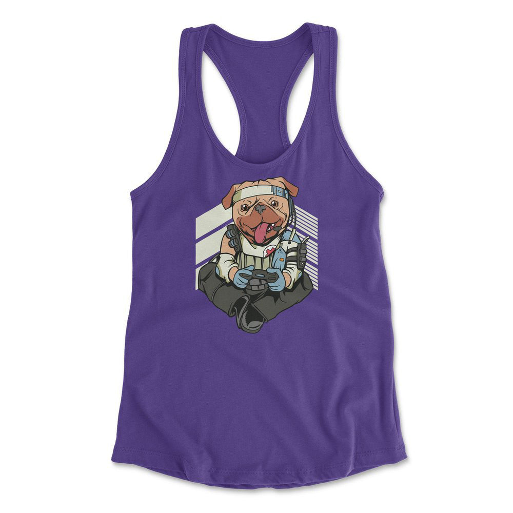 Lifeline Pug Apex Gamer Womens Racerback Tank in Purple Rush color