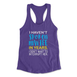 My Wife Knows Everything Womens Racerback Tank in Purple Rush color