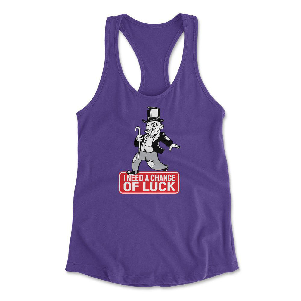 Change Luck Monopoly Parody Womens Racerback Tank in Purple Rush color