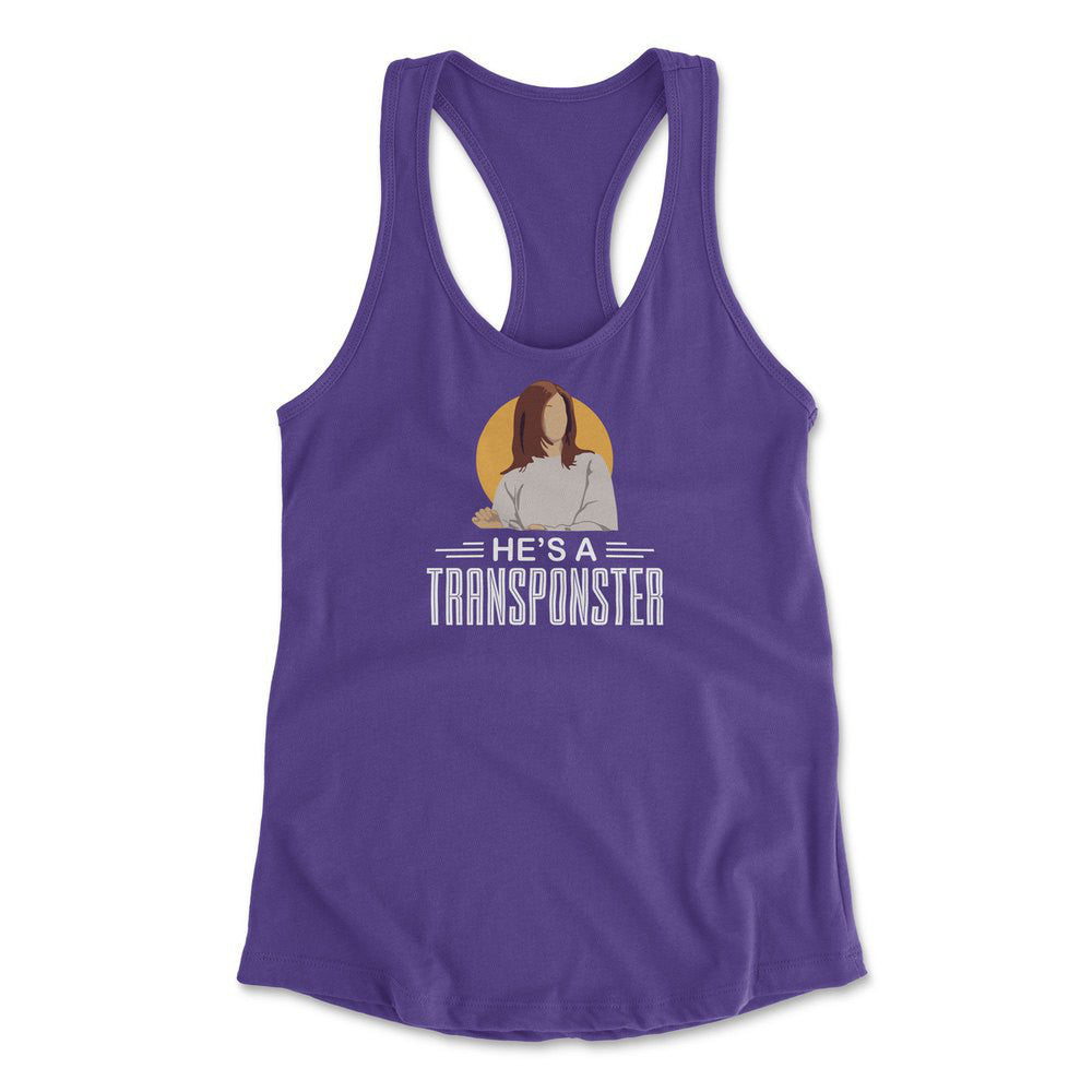 He's A Transponster Womens Racerback Tank in Purple Rush color