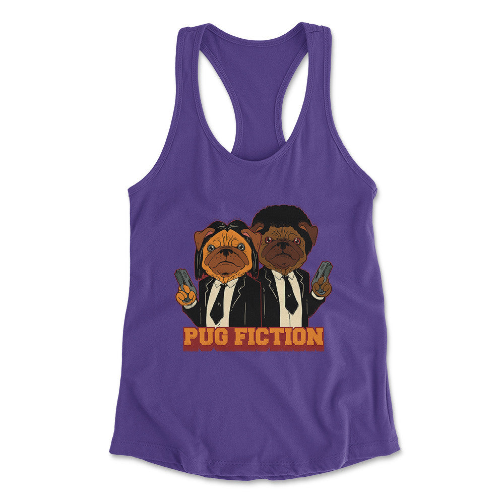 Pug Fiction Womens Racerback Tank in Purple Rush color