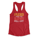 I Flexed And The Sleeves Fell Off Womens Racerback Tank in Red color