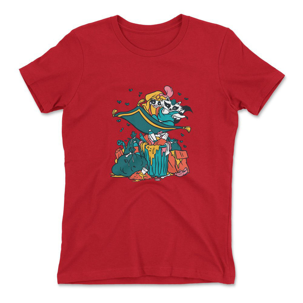 Raccoon Flying Aladdin Womens T-Shirt in Red color