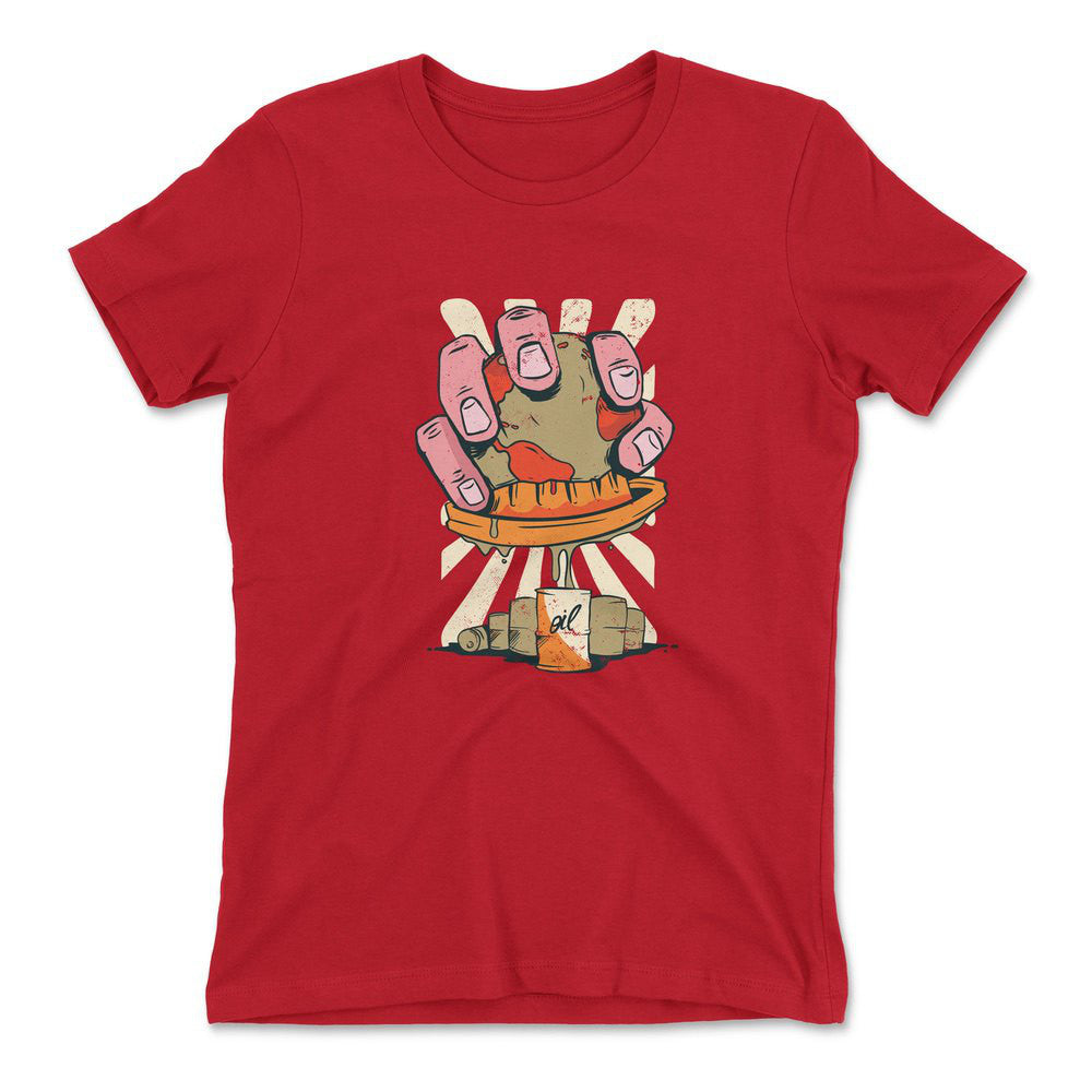 Planet Oil Squeezer Womens T-Shirt in Red color