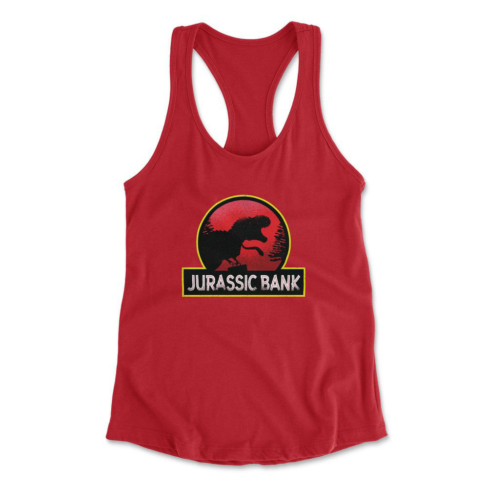 Jurassic Bank Womens Racerback Tank in Red color