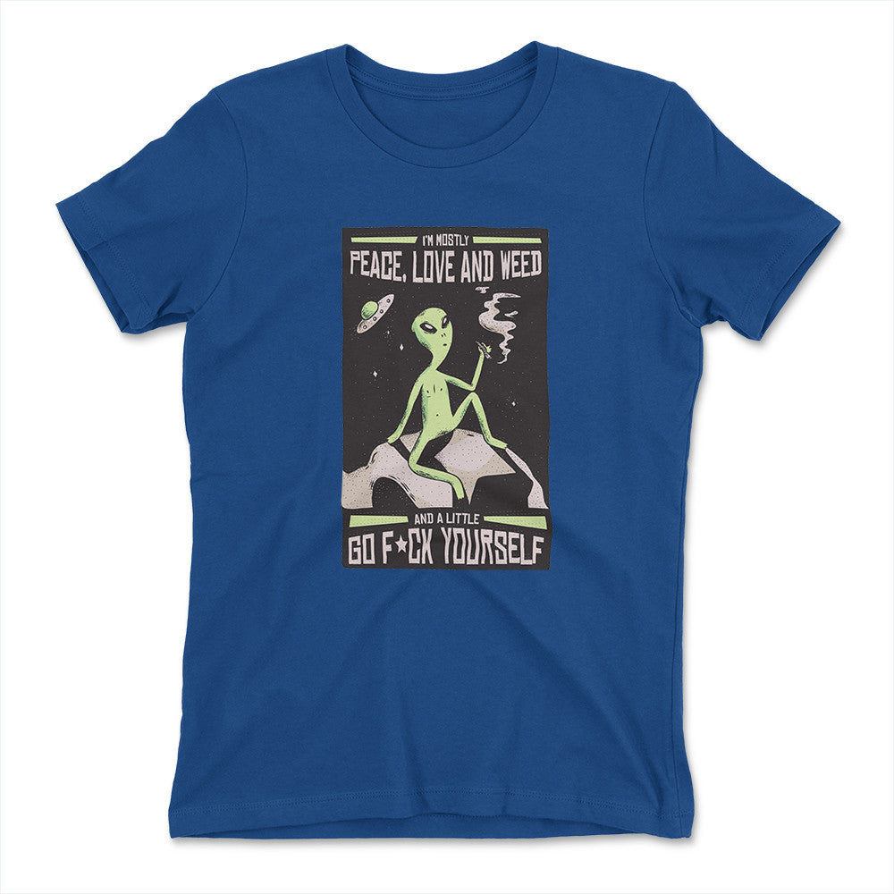 I Mostly Want Peace, Love And Weed Womens T-Shirt in Royal color