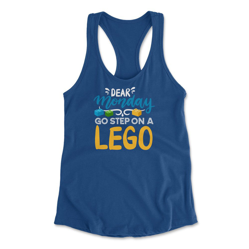 Dear Monday, Go Step On A Lego Womens Racerback Tank in Royal color