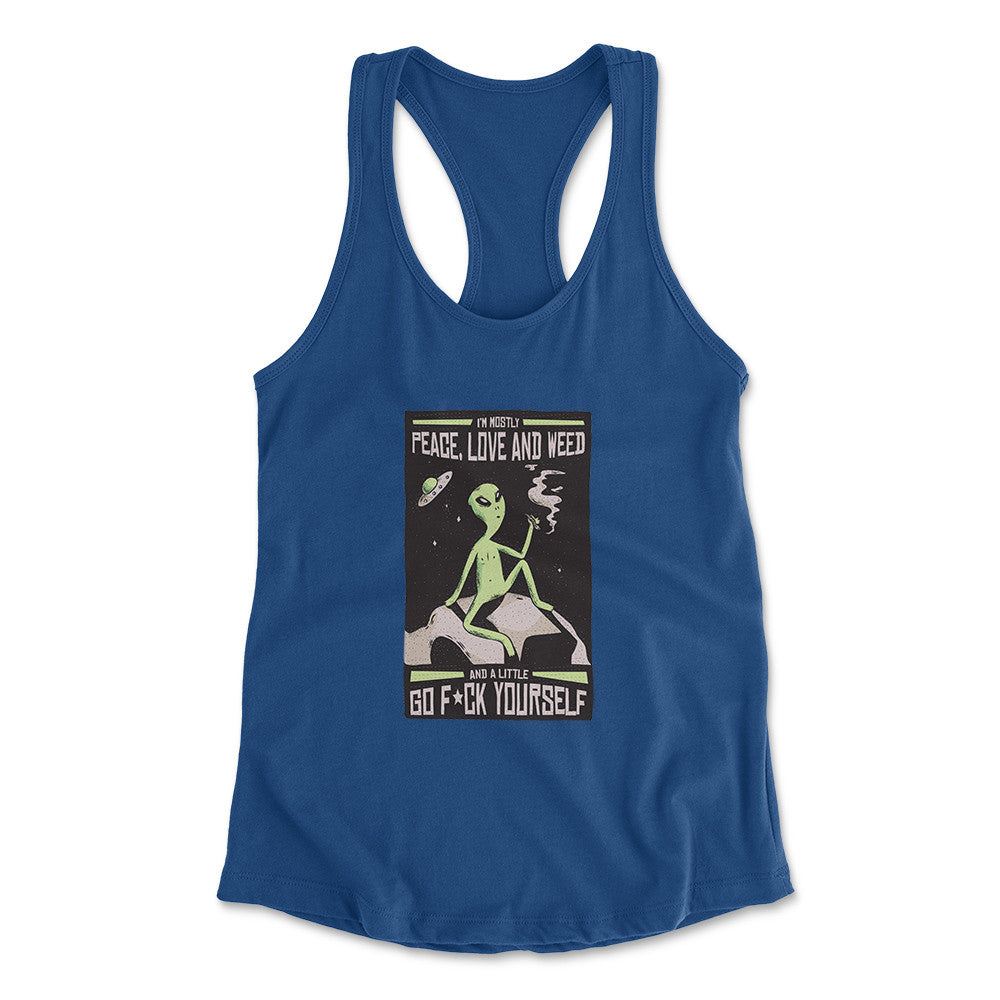 I Mostly Want Peace, Love And Weed Womens Racerback Tank in Royal color