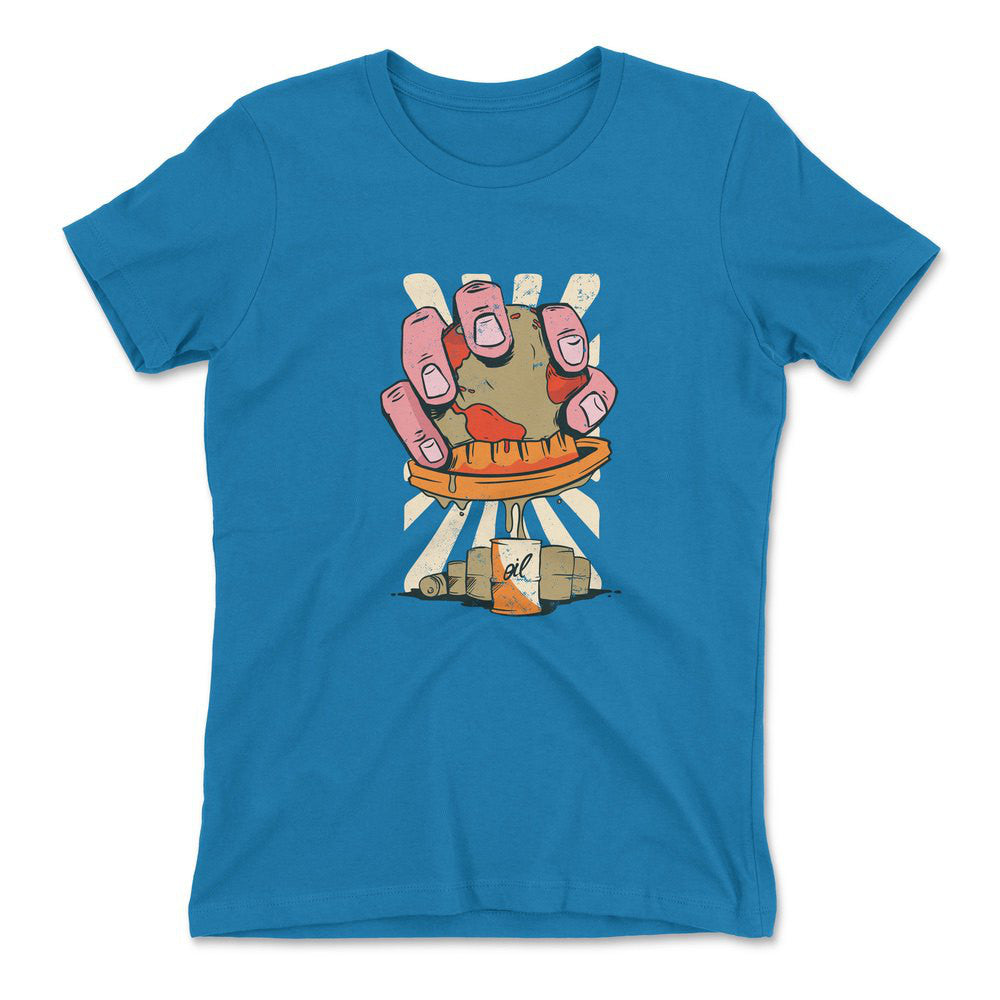 Planet Oil Squeezer Womens T-Shirt in Turquoise color