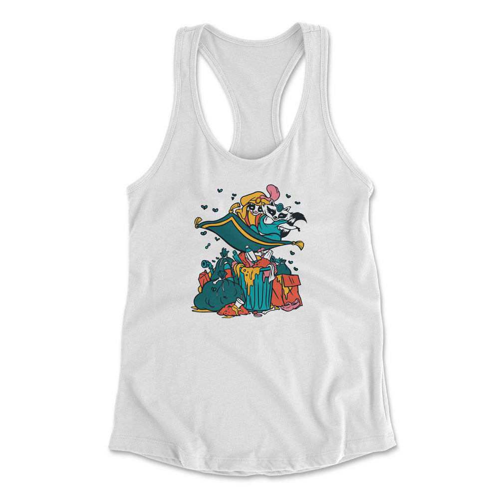 Raccoon Flying Aladdin Womens Racerback Tank in White color