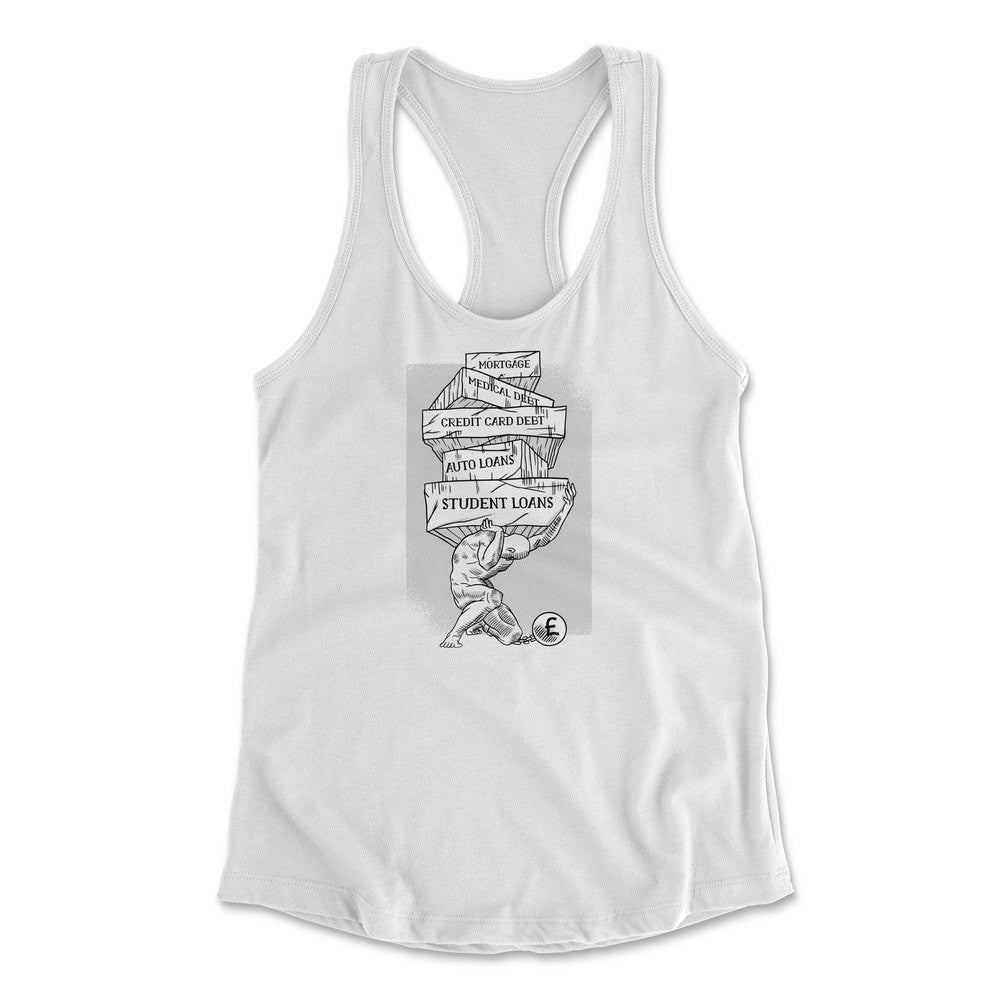 Debt Atlas Womens Racerback Tank in White color
