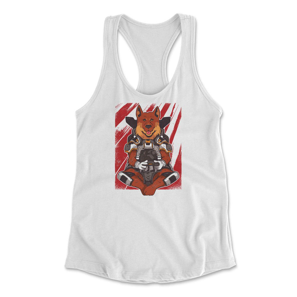 German Shepard Gamer Dog Womens Racerback Tank in White color