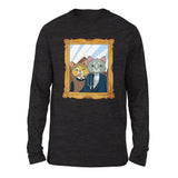 American Gothic Cats Men/Unisex Drop Shoulder Sweatshirt in Dark Grey Heather color