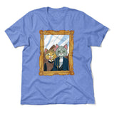 American Gothic Cats Men/Unisex T-Shirt in Heather Columbia Blue color