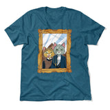American Gothic Cats Men/Unisex T-Shirt in Heather Deep Teal color