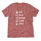 Rock Paper Scissor Lizard Spock Men/Unisex T-Shirt in Heather Mauve color