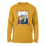 American Gothic Cats Men/Unisex Drop Shoulder Sweatshirt in Heather Mustard color