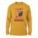 I Just Want To Cuddle And Watch Horror Movies Men/Unisex Drop Shoulder Sweatshirt in Heather Mustard color