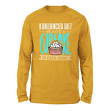 A Balanced Diet Means, A Cake In Each Hand Men/Unisex Drop Shoulder Sweatshirt in Heather Mustard color