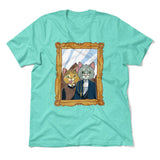 American Gothic Cats Men/Unisex T-Shirt in Heather Sea Green color