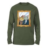 American Gothic Cats Men/Unisex Drop Shoulder Sweatshirt in Military Green color
